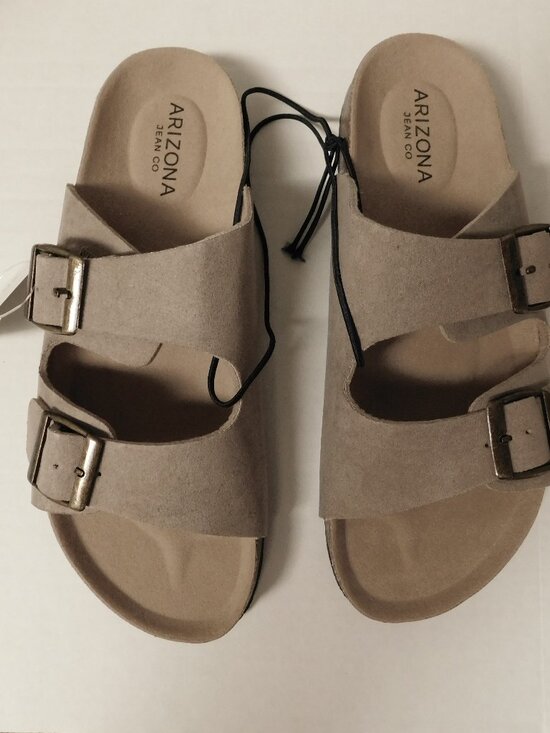 Arizona Jean Company Shoes - ARIZONA JEAN CO Taupe Double Buckle Slide Sandals Faux Leather Beachy Casual 7